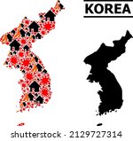 War collage vector map of Korea. Geographic collage map of Korea is combined with randomized fire, destruction, bangs, burn homes, strikes. Vector flat illustration for military doctrines.