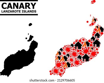 War collage vector map of Lanzarote Islands. Geographic mosaic map of Lanzarote Islands is combined from randomized fire, destruction, bangs, burn realty, strikes.