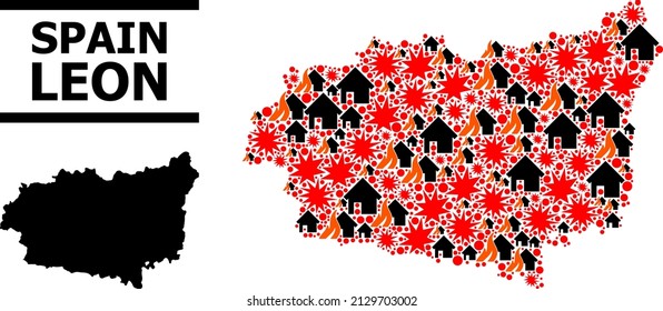 War collage vector map of Leon Province. Geographic collage map of Leon Province is done with randomized fire, destruction, bangs, burn houses, strikes. Vector flat illustration for war posters.