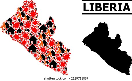 War collage vector map of Liberia. Geographic collage map of Liberia is constructed from scattered fire, destruction, bangs, burn realty, strikes.