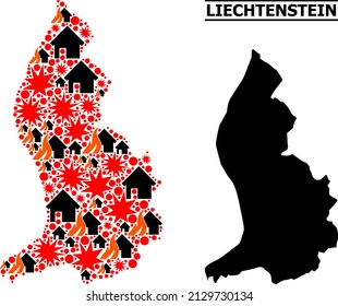 War collage vector map of Liechtenstein. Geographic composition map of Liechtenstein is done from random fire, destruction, bangs, burn houses, strikes. Vector flat illustration for war applications.