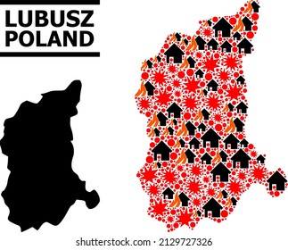 War collage vector map of Lubusz Province. Geographic mosaic map of Lubusz Province is constructed with scattered fire, destruction, bangs, burn houses, strikes.