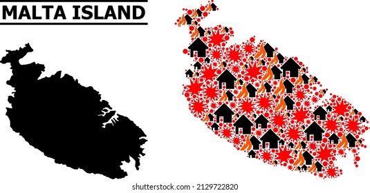 War collage vector map of Malta Island. Geographic composition map of Malta Island is constructed with random fire, destruction, bangs, burn realty, strikes. Vector flat illustration for war posters.