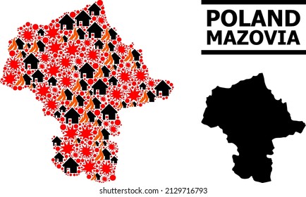War collage vector map of Mazovia Province. Geographic collage map of Mazovia Province is constructed with randomized fire, destruction, bangs, burn realty, strikes.
