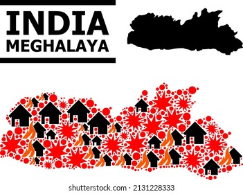 War collage vector map of Meghalaya State. Geographic collage map of Meghalaya State is combined with scattered fire, destruction, bangs, burn realty, strikes.