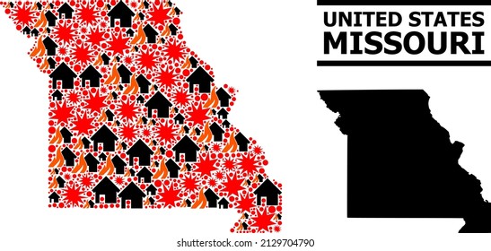 War collage vector map of Missouri State. Geographic collage map of Missouri State is composed with randomized fire, destruction, bangs, burn homes, strikes. Vector flat illustration for war projects.