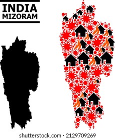 War collage vector map of Mizoram State. Geographic composition map of Mizoram State is designed from randomized fire, destruction, bangs, burn houses, strikes.