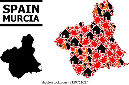 War collage vector map of Murcia Province. Geographic collage map of Murcia Province is designed from random fire, destruction, bangs, burn homes, strikes.