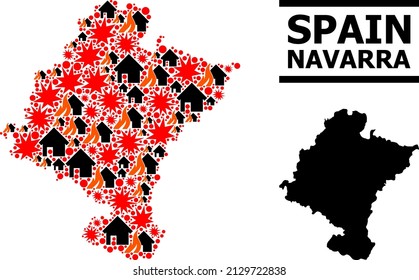 War collage vector map of Navarra Province. Geographic collage map of Navarra Province is combined with random fire, destruction, bangs, burn houses, strikes.