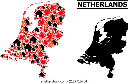 War collage vector map of Netherlands. Geographic composition map of Netherlands is organized from random fire, destruction, bangs, burn realty, strikes. Vector flat illustration for war doctrines.
