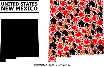 War collage vector map of New Mexico State. Geographic collage map of New Mexico State is combined from randomized fire, destruction, bangs, burn houses, strikes.