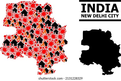 War collage vector map of New Delhi City. Geographic mosaic map of New Delhi City is created from random fire, destruction, bangs, burn homes, strikes. Vector flat illustration for war agitprop.