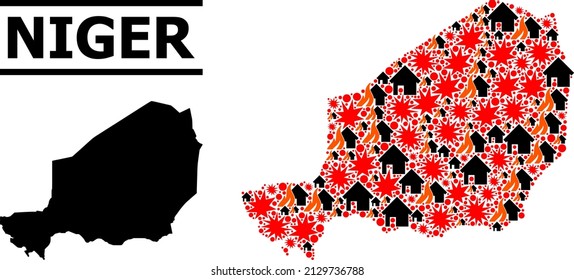 War collage vector map of Niger. Geographic collage map of Niger is combined from random fire, destruction, bangs, burn houses, strikes. Vector flat illustration for war promotion.