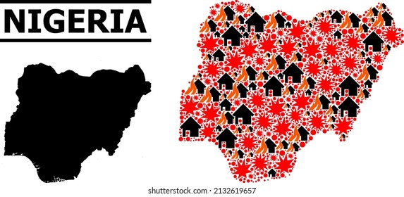 War collage vector map of Nigeria. Geographic collage map of Nigeria is designed from scattered fire, destruction, bangs, burn homes, strikes. Vector flat illustration for war collages.