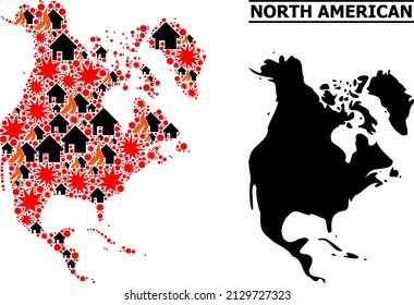 War collage vector map of North America. Geographic composition map of North America is done from random fire, destruction, bangs, burn homes, strikes. Vector flat illustration for war purposes.