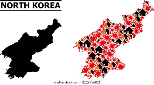 War collage vector map of North Korea. Geographic concept map of North Korea is composed from random fire, destruction, bangs, burn houses, strikes. Vector flat illustration for war agitprop.