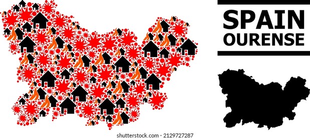 War collage vector map of Ourense Province. Geographic collage map of Ourense Province is composed from random fire, destruction, bangs, burn realty, strikes.