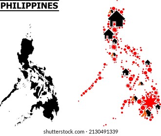 War collage vector map of Philippines. Geographic collage map of Philippines is constructed from randomized fire, destruction, bangs, burn realty, strikes. Vector flat illustration for war doctrines.