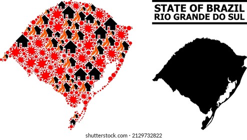 Mapa vectorial de collage de guerra del estado de Rio Grande do Sul. El mapa geográfico de mosaicos del estado de Río Grande del Sur se organiza con fuego al azar, destrucción, golpes, casas quemadas, ataques.