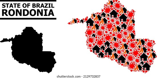 War collage vector map of Rondonia State. Geographic concept map of Rondonia State is combined from scattered fire, destruction, bangs, burn realty, strikes. Vector flat illustration for war posters.