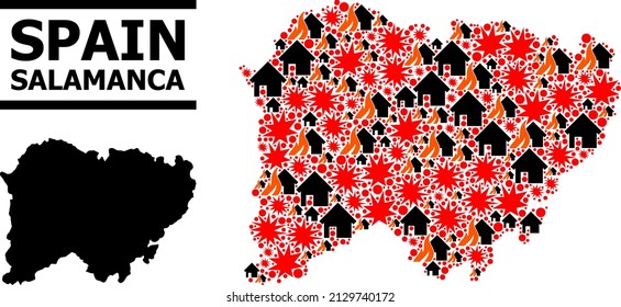 War collage vector map of Salamanca Province. Geographic collage map of Salamanca Province is created with random fire, destruction, bangs, burn realty, strikes.