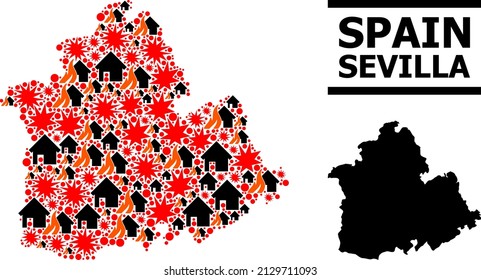 War collage vector map of Sevilla Province. Geographic collage map of Sevilla Province is combined with scattered fire, destruction, bangs, burn realty, strikes.
