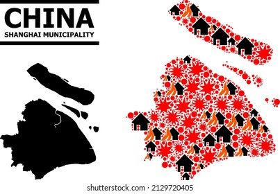 War collage vector map of Shanghai Municipality. Geographic collage map of Shanghai Municipality is created with scattered fire, destruction, bangs, burn realty, strikes.
