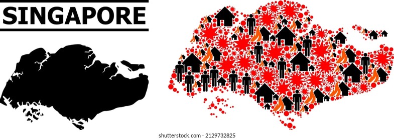 War collage vector map of Singapore. Geographic collage map of Singapore is designed with random fire, destruction, bangs, burn houses, strikes. Vector flat illustration for military agitprop.