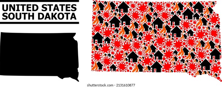 Kriegskollage, Vektorkarte des South Dakota State. Geographische Collage Karte des South Dakota State ist aus randomisiertem Feuer, Zerstörung, Bangs, Brennrealitäten, Streiks entworfen.