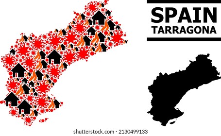 War collage vector map of Tarragona Province. Geographic concept map of Tarragona Province is constructed with random fire, destruction, bangs, burn homes, strikes.