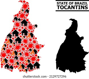 War collage vector map of Tocantins State. Geographic collage map of Tocantins State is designed with randomized fire, destruction, bangs, burn realty, strikes.