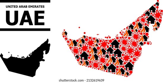 War collage vector map of United Arab Emirates. Geographic collage map of United Arab Emirates is created from randomized fire, destruction, bangs, burn houses, strikes.