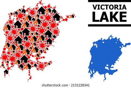 War collage vector map of Victoria Lake. Geographic collage map of Victoria Lake is constructed from randomized fire, destruction, bangs, burn realty, strikes.