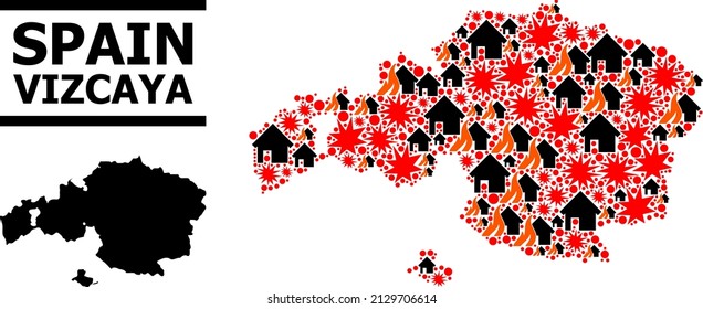 War collage vector map of Vizcaya Province. Geographic collage map of Vizcaya Province is constructed from scattered fire, destruction, bangs, burn houses, strikes.