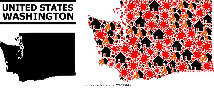 War collage vector map of Washington State. Geographic collage map of Washington State is designed from randomized fire, destruction, bangs, burn homes, strikes.