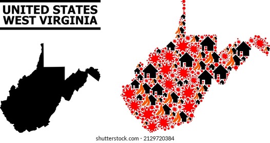 War collage vector map of West Virginia State. Geographic collage map of West Virginia State is combined from randomized fire, destruction, bangs, burn houses, strikes.