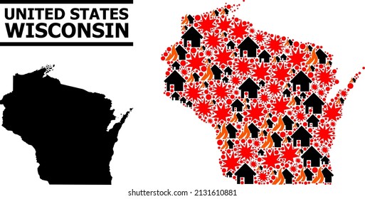 War collage vector map of Wisconsin State. Geographic collage map of Wisconsin State is combined with random fire, destruction, bangs, burn houses, strikes. Vector flat illustration for war agitprop.