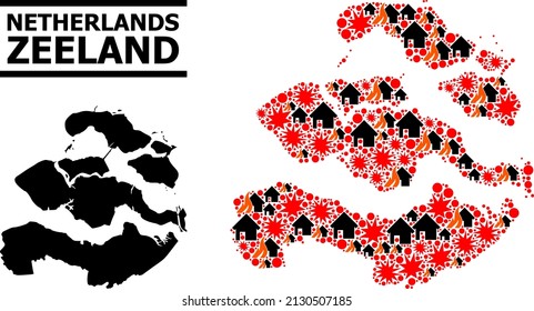 War collage vector map of Zeeland Province. Geographic collage map of Zeeland Province is composed with randomized fire, destruction, bangs, burn realty, strikes.
