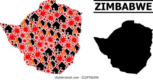 War collage vector map of Zimbabwe. Geographic collage map of Zimbabwe is constructed with randomized fire, destruction, bangs, burn houses, strikes. Vector flat illustration for war doctrines.