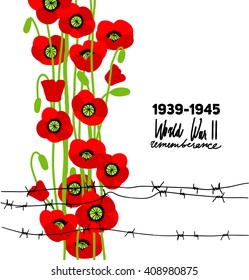 War commemorative card with barbed wire and poppies for design banner,ticket, leaflet and so on. Template page. Place for text.