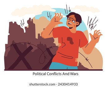 Guerra y conflicto. Un individuo aterrorizado entre los escombros de la destrucción. El costo humano de la lucha política y la guerra. Ilustración vectorial plana.