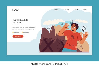 War and conflict theme. A terrified individual in the rubble of destruction. The human cost of political strife and warfare. Flat vector illustration.