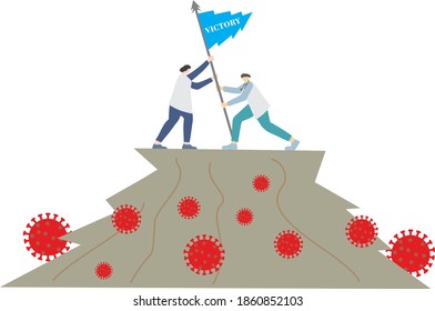 War with coronavirus outbreak doctors concept. Doctors carrying the flag of victory