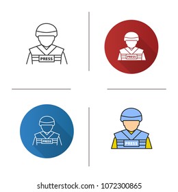 War correspondent icon. Military journalist. Flat design, linear and color styles. Isolated vector illustrations