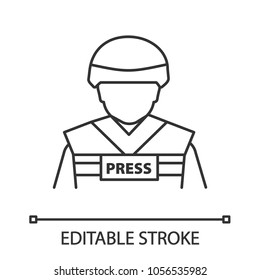 War correspondent linear icon. Thin line illustration. Military journalist. Contour symbol. Vector isolated outline drawing. Editable stroke