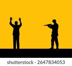 War Crime Concept – Soldier Aiming at Surrendering Civilian Silhouette Illustration. Minimalistic silhouette on a yellow background, symbolizing war violence and oppre