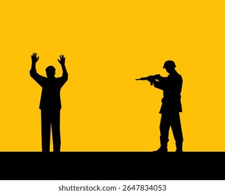 "War Crime Concept - Soldier Aiming at Surrendering Civil Silhouette Illustration" (em inglês).: Soldier Aiming to Surrendering Civil Silhouette Illustration. Silhueta minimalista sobre um fundo amarelo, simbolizando a violência de guerra e oppre