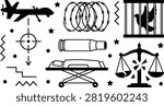 War Crimes and Military Aggression Vector Icon Set Featuring Drone Target Strike, Caged Peace Dove, Bullet Ammunition, Barbed Wire, Gurney, and Broken Justice Scales.eps
