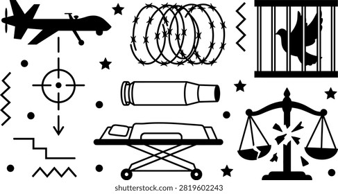 War Crimes and Military Aggression Vector Icon Set Featuring Drone Target Strike, Caged Peace Dove, Bullet Ammunition, Barbed Wire, Gurney, and Broken Justice Scales.eps