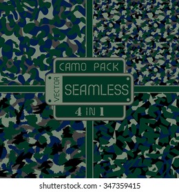 War dark nature camouflage pack 4 in 1 seamless vector pattern. Can be used for wallpaper, pattern fills, web page background, surface textures. Vector illustration